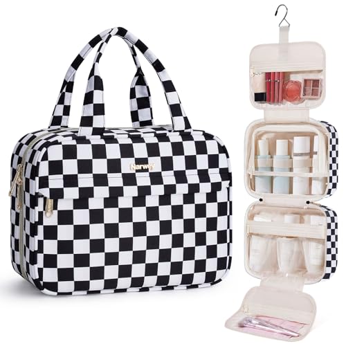 Narwey Hanging Toiletry Bag for Women - Black Checkered Makeup Organizer