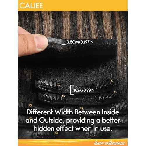 Caliee Yaki Straight Human Hair Clip in Extensions Black Woman Natural Black Mixed Chestnut Brown Yaki Seamless Hair Extensions Clip in Balayage 8 Pcs PU Weft 115G 18 Inch