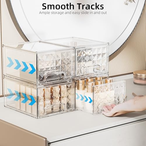 Delamu 8 Pack Stackable Storage Drawers, Makeup Skincare Holder Vanity Storage Organizer, Plastic Drawers For Vanity Desk, Undersink, Kitchen Cabinet, Pantry, Clear, Ideal Christmas Gifts for Girls