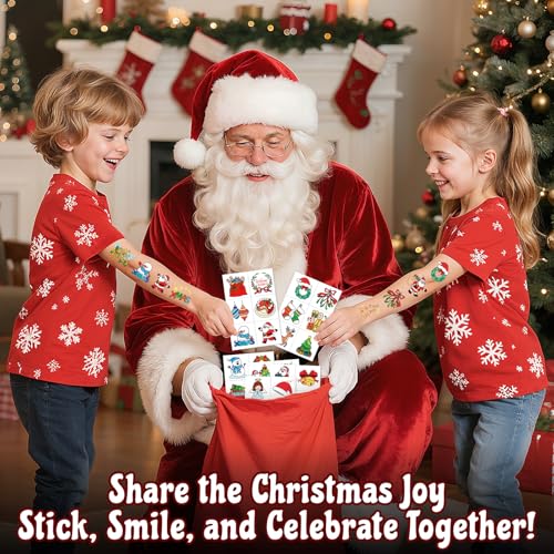 PARTYWIND 204 PCS Christmas Tattoos for Kids, Christmas Stocking Stuffers for Kids, Xmas Stickers Decorations Party Favors for Girls Boys, Christmas Goodie Bags for Classroom Prizes
