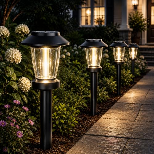 Pywut 8 Pack Solar Pathway Lights with Warm White Tungsten Filament, 3 Modes, Auto On/Off, IP65 Waterproof