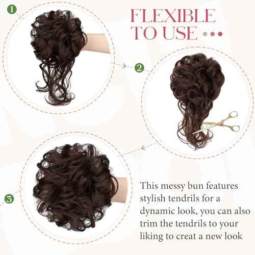 2PCS Messy Bun Hair Piece Tousled Updo with Tendrils Wavy Curly Hair Bun Scrunchies Ponytail Extension Elastic Band Hairpieces For Women (Medium Brown)