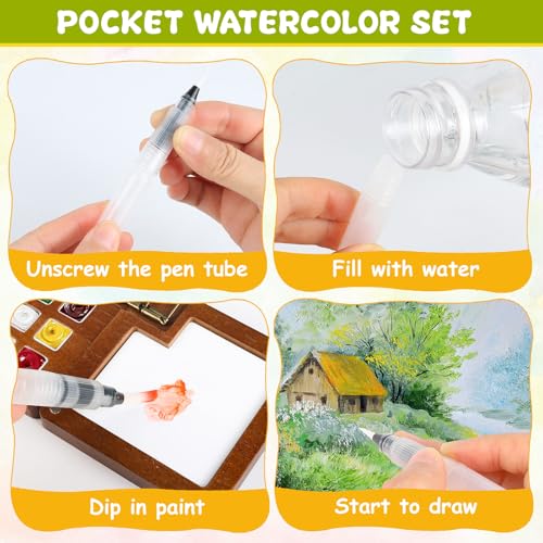24 Color Watercolor Travel Set with Walnut Palette & Sketchbooks