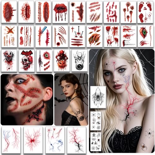 Zombie SFX Makeup Tattoos - 30 Sheets Halloween & Cosplay Scar Wounds