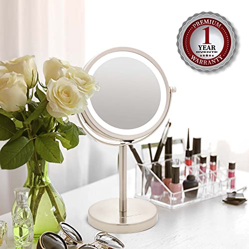 OVENTE Lighted Vanity Mirror 6 Inch Table Top 1X 7X Magnification LED 360 Adjustable Double Sided Spinning Personal Makeup Stand Desk Bathroom Battery Powered Round Large Nickel Brushed MLT60BR1X7X