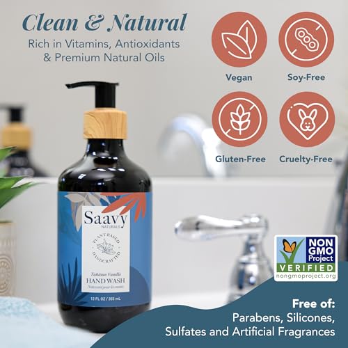 Saavy Naturals Tahitian Vanilla Plant-Based Hand Wash – Moisturizing Liquid Soap with Aloe & Shea – 12 fl oz, 2 Pack