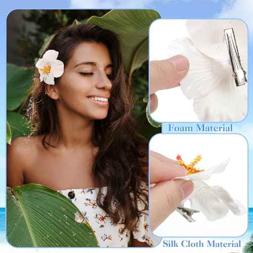 10 Pcs Hawaiian Flower Hair Clips for Women, Plumeria Hibiscus Hair Clips, Artificial Flower Clips 3.5 Inch Hair Accessories for Vacation Party Beach Seaside