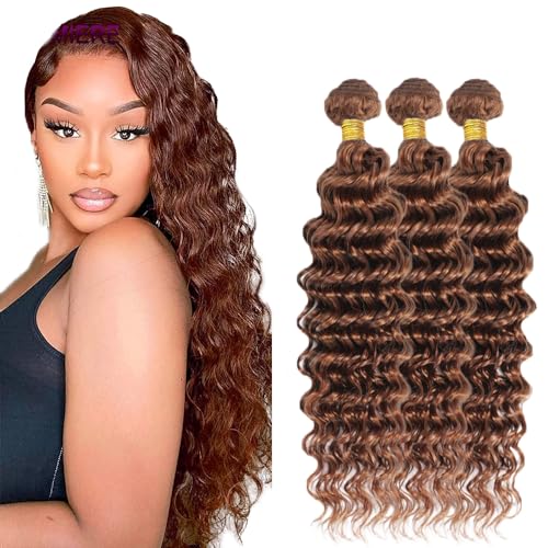 Light Brown Deep Wave Human Hair Bundles - 30 Inch, 3 Pack