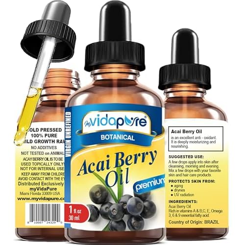 MYVIDAPURE Pure ACAI BERRY OIL Virgin Unrefined Wild Growth Raw Undiluted Brazilian for Skin, Hair, Lip and Nail Care (1 Fl Oz)