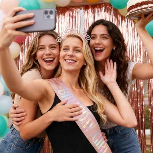 Rose Gold Birthday Girl Sash,Headband,Happy Birthday Banner,Hanging Swirl Decorations,Rhinestone Tiara Crown for Princess,Gift for Women.