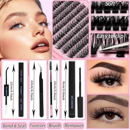 Lash Clusters Kit, Eyelash Clusters Individual Lash Extension Kit 480 Pcs D Curl Fluffy Wispy False Eyelashes Extensions Thin Band with Bond Seal Tweezers Brush Removers (40D+50D KIT)