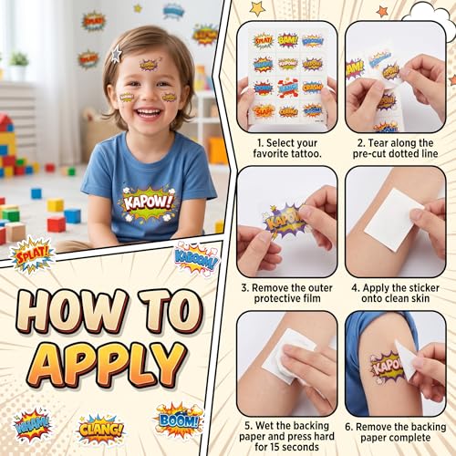 96 PCS Comic Temporary Tattoos for Kids | Pre-Cut Boom Wow Pow