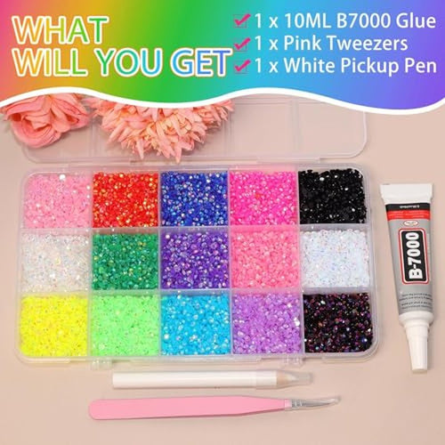 15000pcs 3mm Flatback Rhinestones Kit, 15 Colors