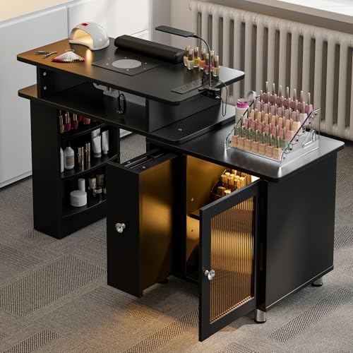 Black Manicure Table with LED Light & Lamp, Nail Tech Desk, Professional Salon Furniture