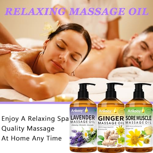 ANKOOY 3 Pack Massage Oil Set with Arnica Lavender Ginger for Relaxation & Lymphatic Drainage