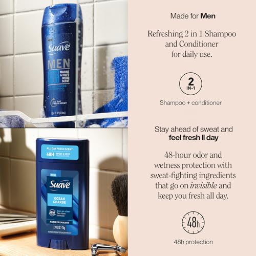 Suave Men¡¯s 2-in-1 Shampoo and Conditioner, Ocean Charge + Antiperspirant Deodorant for Men, Ocean Charge, 48H Sweat & Odor Protection (2 Piece Set)