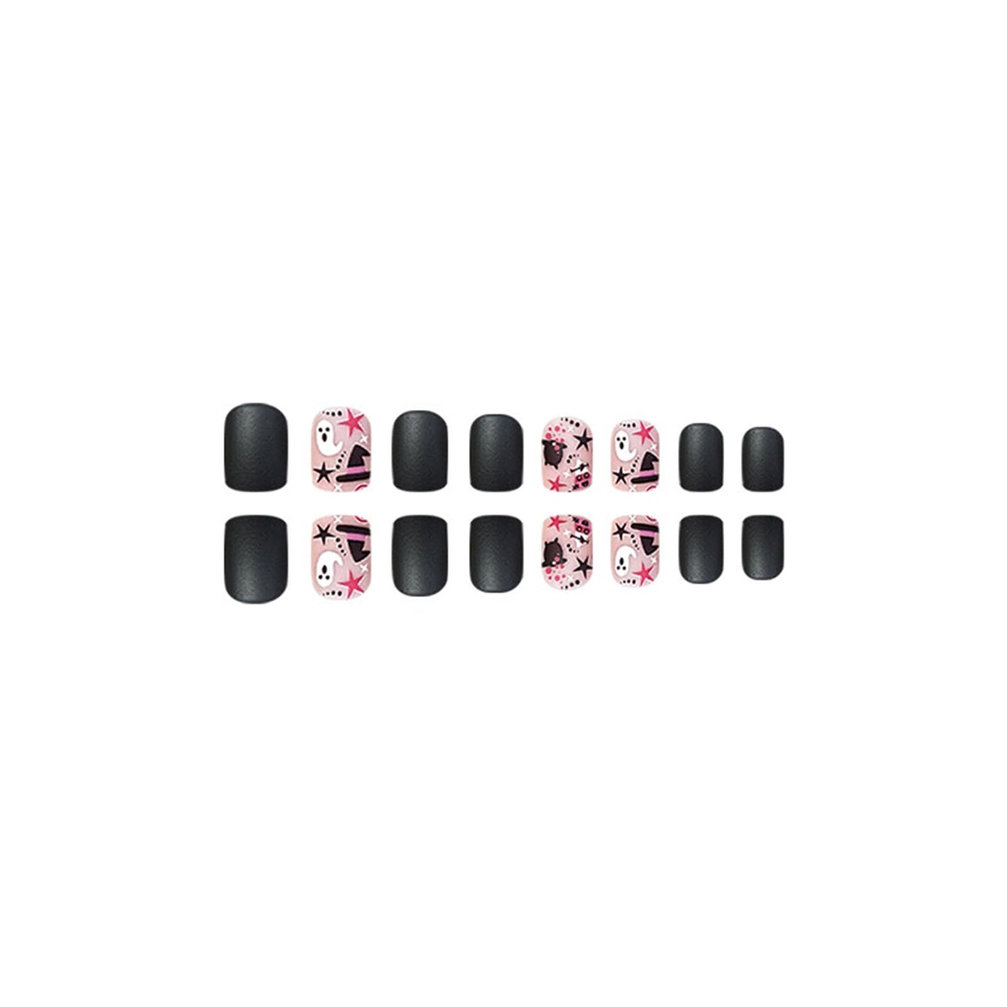 24Pcs Halloween Press on Nails Short Square Fake Nails Black Pink Artificial Nails Ghost Star Witch Hat False Nails Full Cover Acrylic Nails Matte Glue on Nails Cute Stick on Nails for Women Manicure