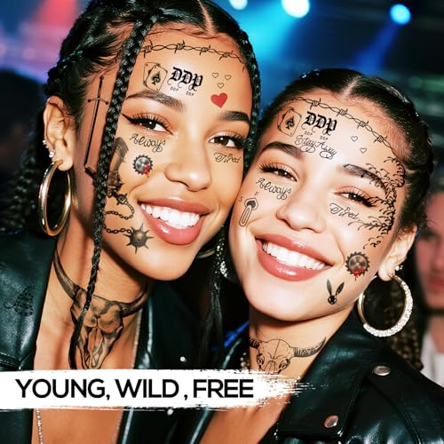 4 Sheets Cosplay Rapper-Inspired Temporary Tattoos ? Face Tattoo Stickers for Men, Women and Kids ? Hip-Hop Style Fake Tattoos for Cosplay, Halloween, and Parties