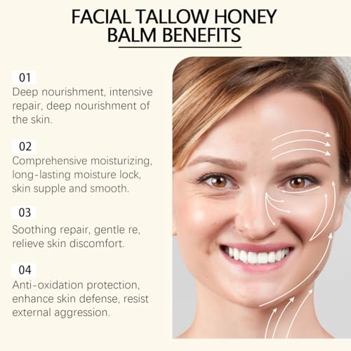 Beef Tallow for Skin - Facial Tallow Honey Balm, Natural Anti-Aging Moisturizer with Coconut Oil, Honey & Vitamin E