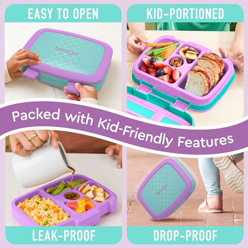 Bentgo Kids Prints Leak-Proof, 5-Compartment Bento-Style Kids Lunch Box - Ideal Portion Sizes for Ages 3-7, Durable, Drop-Proof, Dishwasher Safe, & Made with BPA-Free Materials (Mermaid Scales)