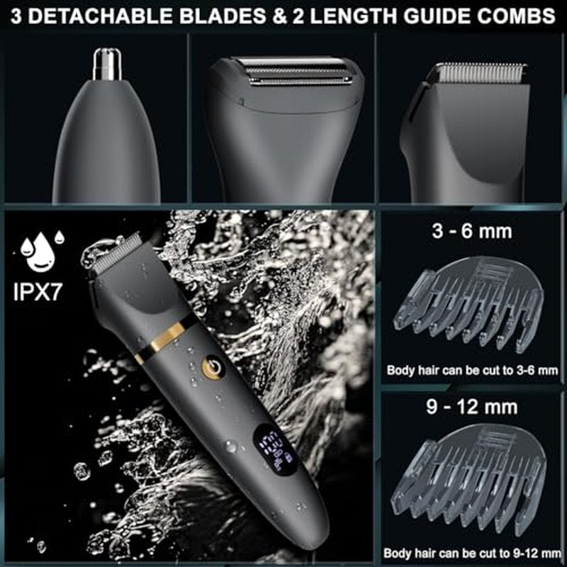 3-in-1 Body Hair Trimmer & Ball Shaver for Men - Titanium Blades, IPX7 Waterproof
