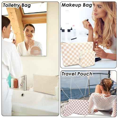Checkered Makeup Bag, Travel Cosmetic Bag Organizer Toiletry Bag Make Up Bags with Zipper & Compartments for Women Girls