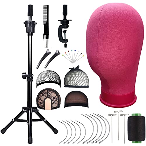 Ginogend 23 Inch Wig Head, Wig Stand Tripod with Head, Canvas Wig Head, Mannequin Head for Wigs, Manikin Canvas Head Block Set for Wigs Making Display, with Table Clamp, Wig Caps, Pins Set,