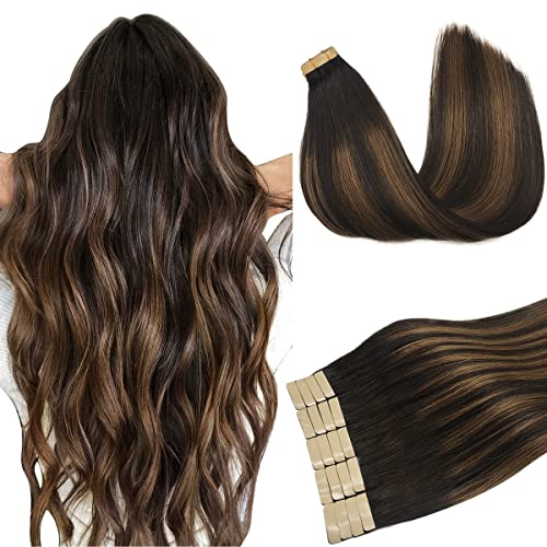 DOORES 50g 20pcs Tape in Human Hair Extensions Balayage Dark Brown to Chestnut Brown Real Natural Tape in Straight Skin Weft Remy Hair Extensions 22 Inch