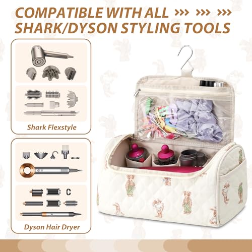 Travel Case Compatible with Dyson Airwrap & Shark Flex Style, Quilted Travel Hair Dryer Bag with Hook, Portable Hair Tool Organizer for Curling Iron & Accessories (Bear Beige)