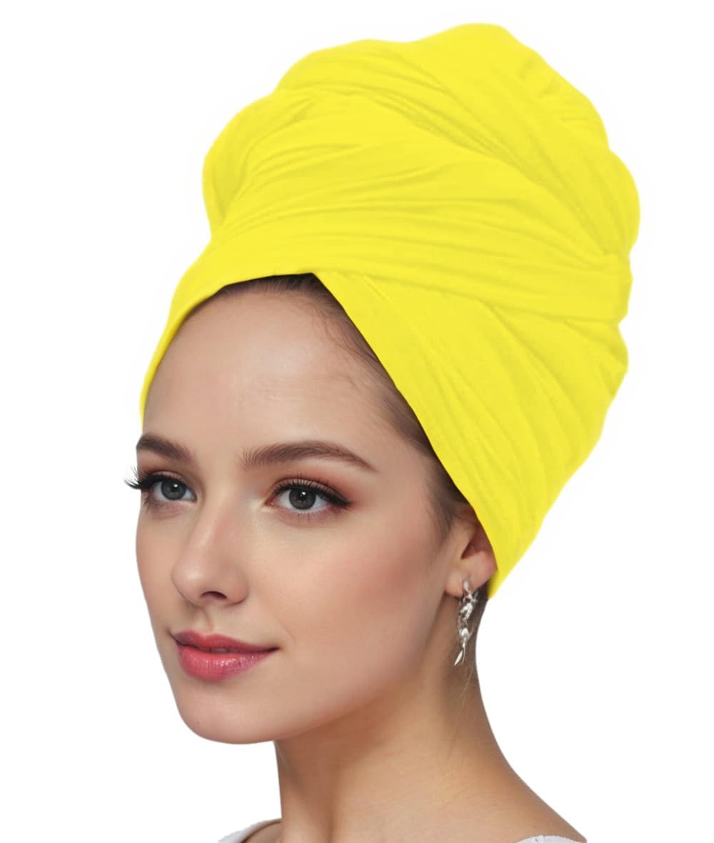 vabovin Stretch Jersey Knit Headwrap for Black Women Long Solid Color Shawl African Headwear Headband Tie (Yellow)