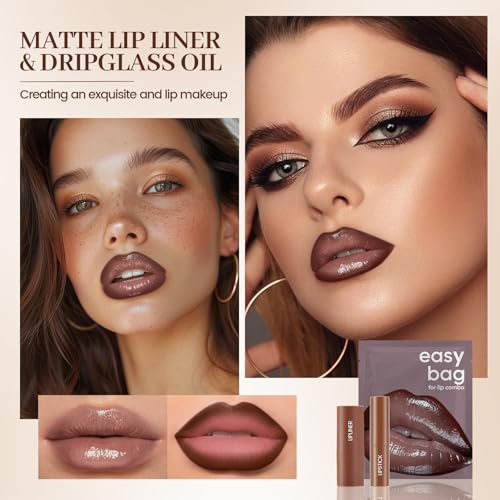 Lip Combo Sets, Brown Plumping Lip Contour Liner Pencil and Nude Lipstick Combo, Matte Highly Pigmented Lip Liner Moisturizing High Shine Shimmer Long Lasting Lipstick Stain Makeup04