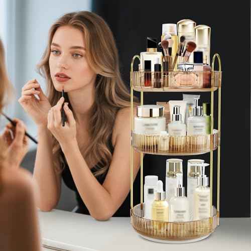 360 Rotating Makeup Organizer for Vanity,3 Tier Large Capacity Skincare Organizers,Bathroom Counter Organizer, transparent Spinning Perfume Organizer & Vanity Organizer (Gold-3 Tier)