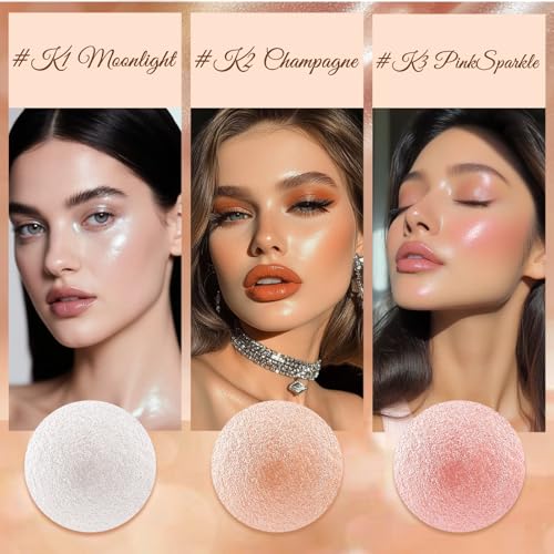 Highlighter Makeup Powder Palette£¬Glossy Face & Body£¬Shimmer Eye & Cheek Glow, Mini Beauty Bomb for Matte Cream & Glitter Essentials (K3 PinkSparkle)