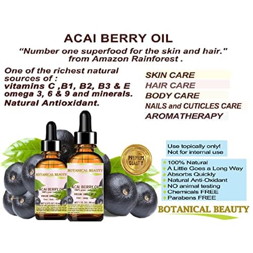 Botanical Beauty? ACAI BERRY OIL 100% Pure Natural Virgin Unrefined Cold Pressed Carrier Oil. 0.5 Fl Oz 15 ml for Face, Skin, Hair, Lip, Nails. Rich in Vitamin E