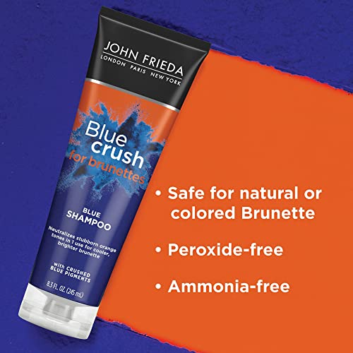 John Frieda Blue Crush for Brunettes Blue Shampoo, 8.3 Fl Ounces, Neutralizes Brassy Tones, Toning Shampoo for Color Treated and Natural Brunette Hair