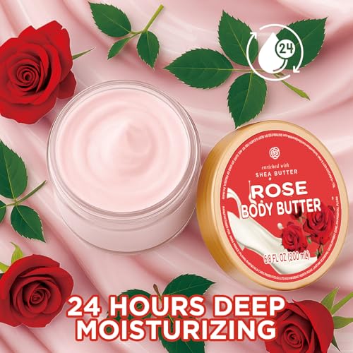 Rose Body Butter, Shea Body Butter for Women Dry Skin, Natural Rose Lotion for Body Care Smell Good-6.8 floz(200ml)