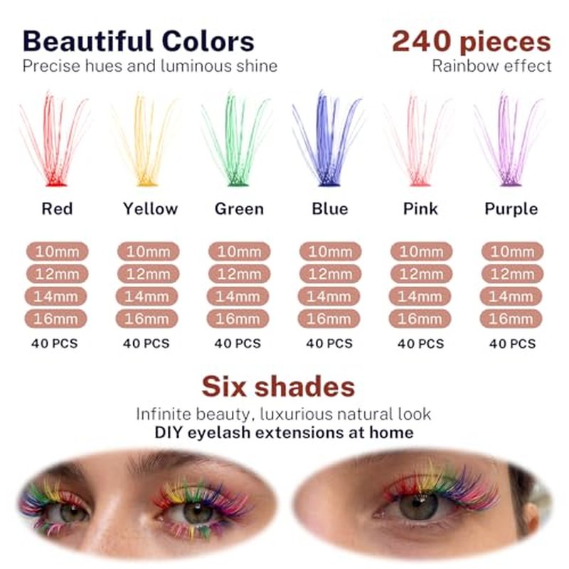 240Pcs Colored Lash Clusters 6 Colors Fake Eyelash Extension Kit 3D Individual 10mm 12mm 14mm 16mm Mixed Faux Mink Lashes C Curl Rainbow DIY Lash Clusters for Women Girls