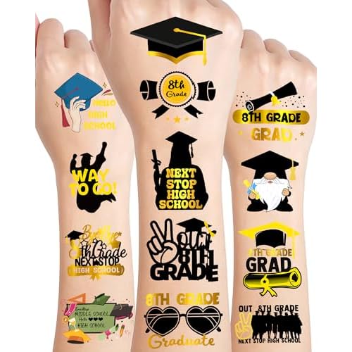 8TH Grade Graduation Class of 2025 Temporary Tattoos,12 Sheets 108 Pieces Graduation Themed Tattoos Stickers Party Decoration Supplies Party favors for 8TH Grade Graduation