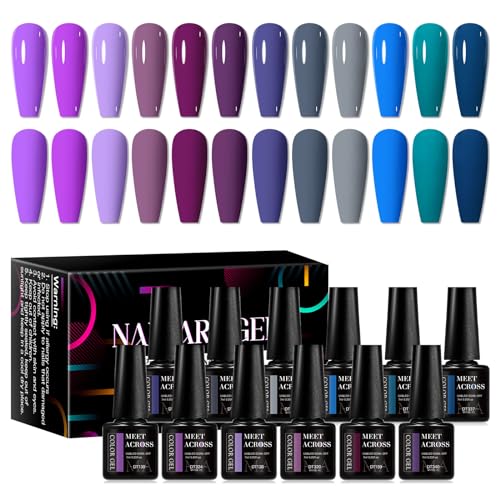 MEET ACROSS Gel Nail Polish 12pcs Blue Purple Gel Polish Set Soak Off UV LED Nail Art Manicure DIY Home Salon Gift for Women