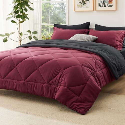 Bedsure Burgundy and Black Twin Comforter Set - 5 Pieces Reversible Twin Bed in a Bag, Twin Bed Set Burgundy and Black with Comforters, Sheets, Pillowcase & Sham