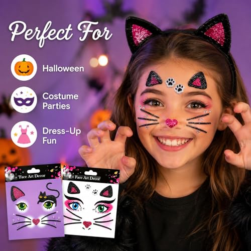 Cat Glitter Face Tattoo Stickers - Halloween Makeup (2 Sheets)