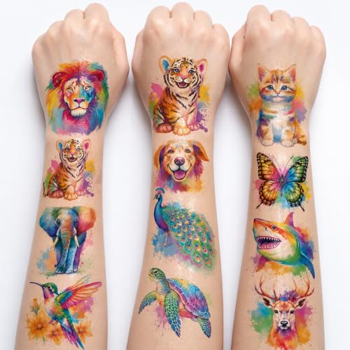 96 PCS Watercolor Animal Temporary Tattoos for Kids