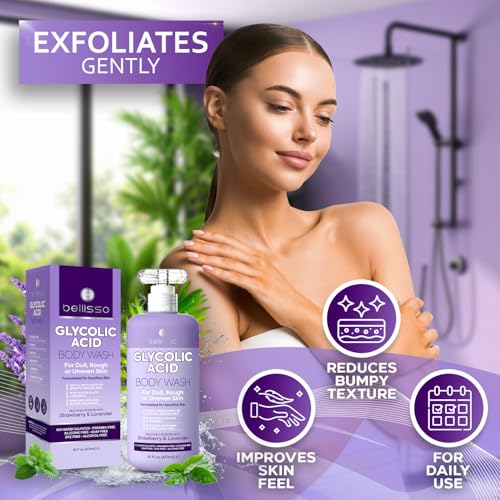 BELLISSO Glycolic Acid Body Wash - Exfoliating AHA Liquid Soap for Rough and Bumpy Skin - Gentle Exfoliant - Bump and Lump Eraser Formula - 16 Fl Oz