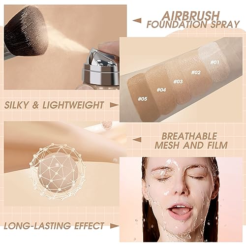 LOKFAR AirBrush Foundation Spray, Silky Mist Foundation Spray Makeup Set with Brush, Full Coverage Foundation for Smooth Radiant Finish, Formula Breathable Lightweight Hydrating | #01 Porcelain