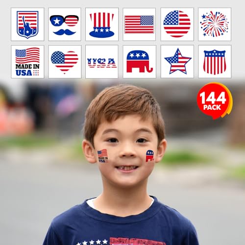 Patriotic Temporary Tattoos for Kids, 144-Pack 1.5" - Non-Toxic