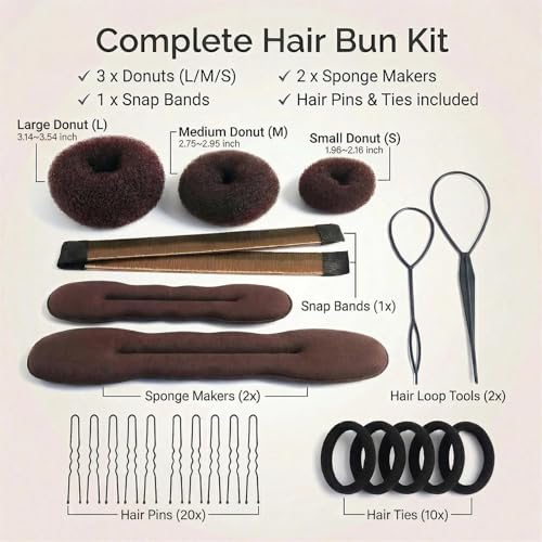 Hair Bun Maker Set with 3 Donut Shapers, Foam, Twist Clip & Pins