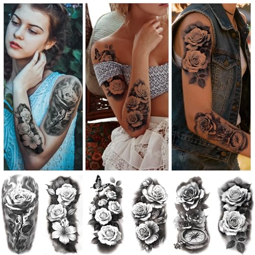 92 PCS Black Flowers Temporary Tattoos Adult Women Girl Teens 3D Temp Realistic Sunflower Rose Cross Leopard Snake Fake Tattoos, Butterfly Peony Floral Leaf Serpent Tatoo Sticker Men Long Lasting