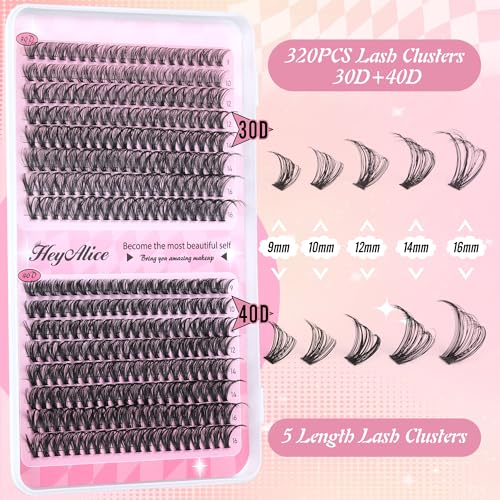 DIY Lash Extension Kit 320pcs Lash Clusters Kit D Curl Eyelash Extension Kit 30D+40D Individual Lashes 9-16mm Wispy Eyelashes Extension Kit with Lash Bond and Seal and Lash Tweezers by HeyAlice