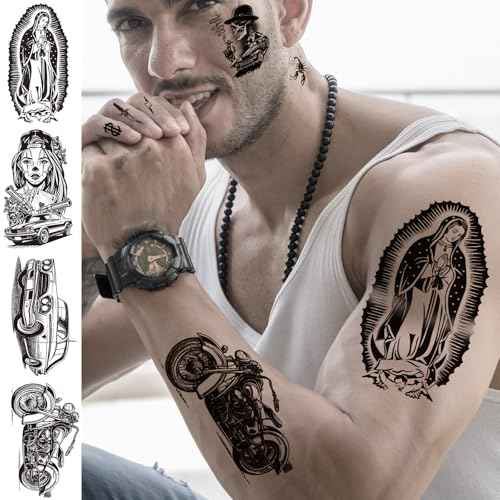 12 Sheets Large Chicano Temporary Tattoos, Cholo and Chola Temporary Tattoos, Chicana Guadalupe Gangster Fake Tattoos Day of the Dead, D?a de Muertos, Tatuajes Temporales, Halloween Mexico Tattoos