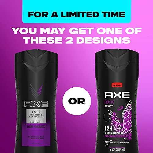 AXE Body Wash 12h Refreshing Scent Excite Crisp Coconut & Black Pepper Men's Body Wash with 100% Plant-Based Moisturizers 16 oz,(Pack of 8)